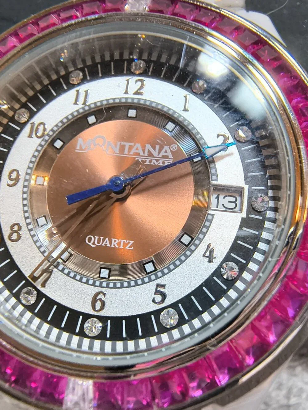 Montana Silversmiths Watch Purple Crystal Ring Dial Date White Band New Bat Mint